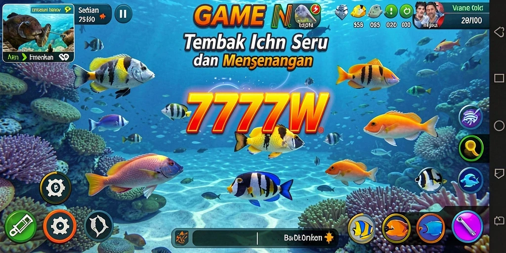 Screenshot gameplay 7777W dengan ikan dan senjata menembak.