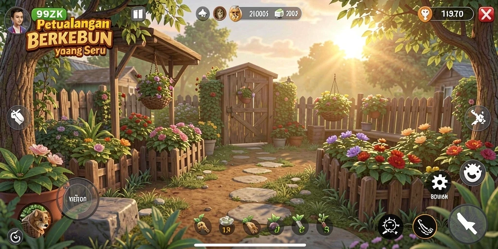 Screenshot gameplay 99ZK menampilkan aktivitas berkebun yang seru.