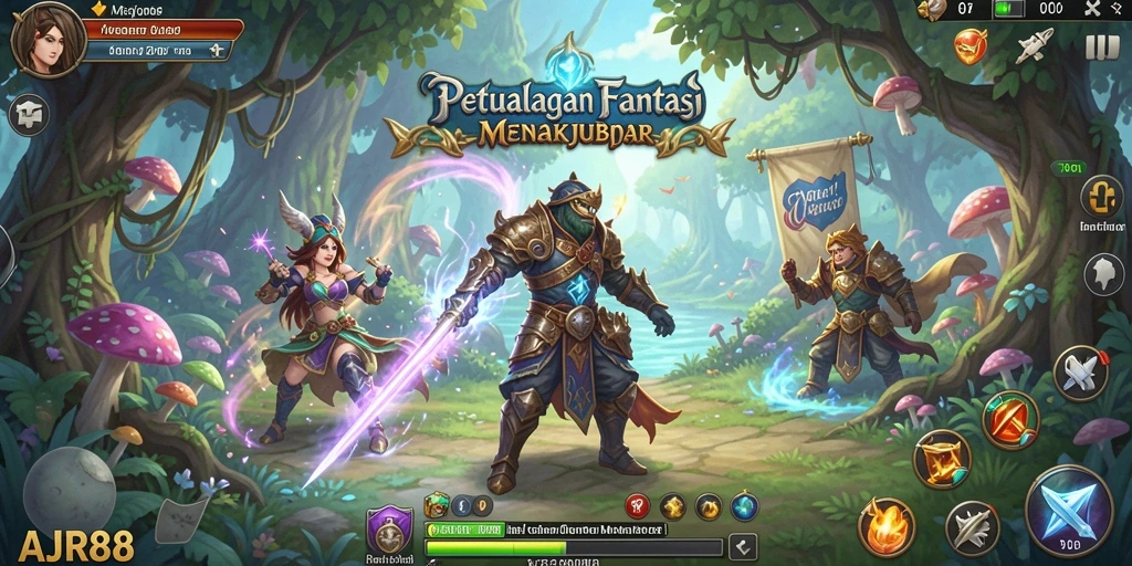 Tangkapan layar gameplay AJR88 menampilkan pertempuran epik di dunia fantasi.