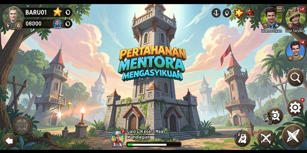 Tangkapan layar gameplay BARU01 dengan menara yang berfungsi melawan serangan musuh.