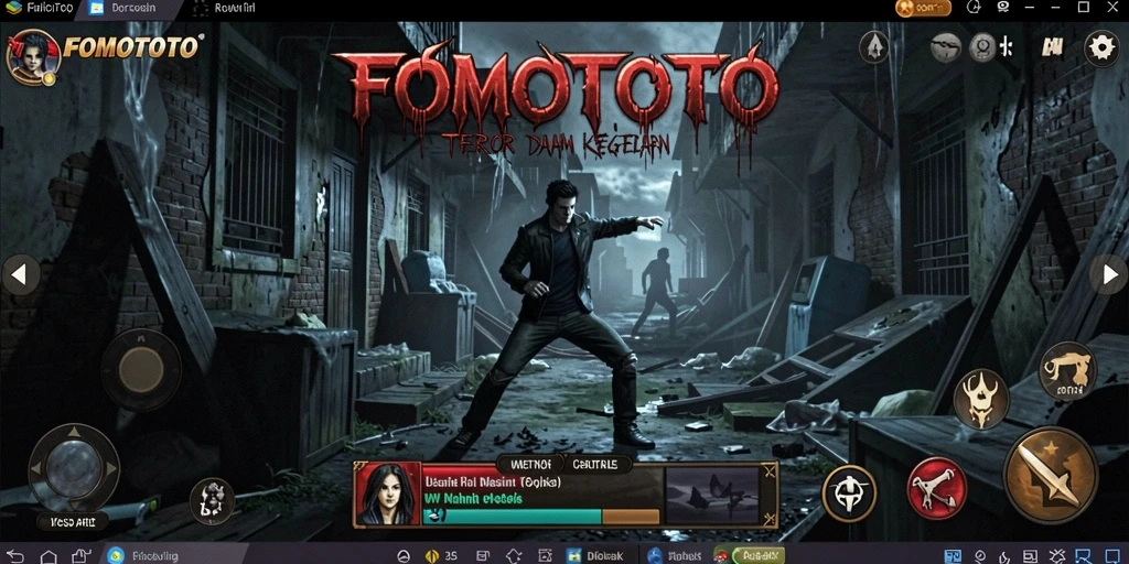 Screenshot gameplay FOMOTOTO dengan suasana horror yang mengerikan.