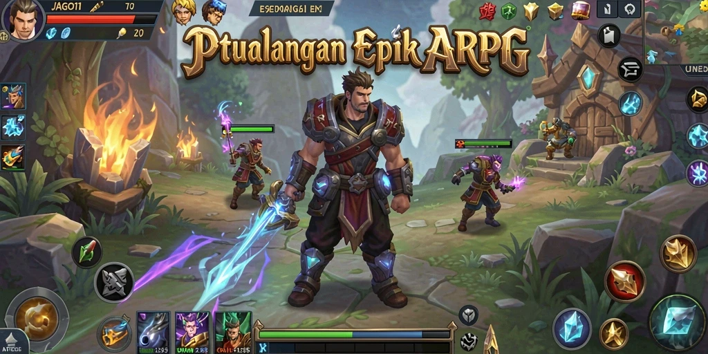 Screenshot JAGO11 menampilkan pertempuran epik antara karakter dan monster fantastis.
