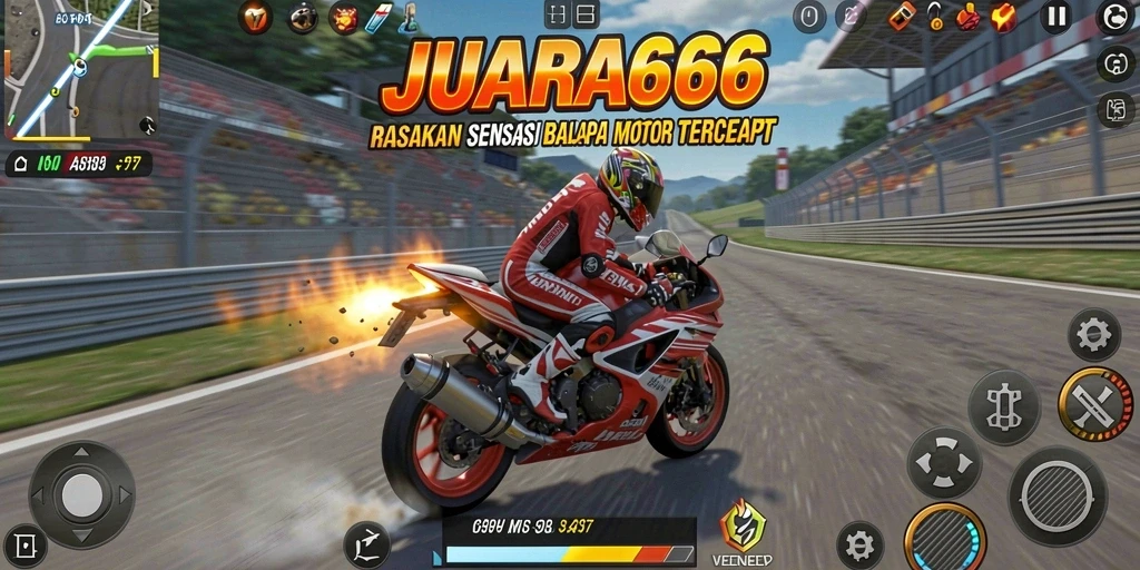 Screenshot gameplay JUARA666 menunjukkan aksi balapan motor yang mendebarkan.