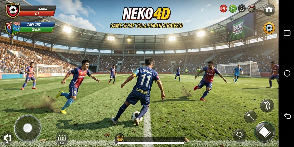 Tangkapan layar gameplay <strong>NEKO4D</strong> menampilkan aksi seru di lapangan sepak bola.