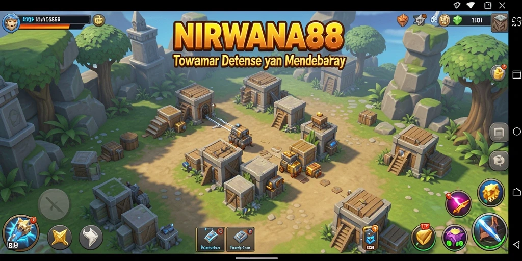 Tangkapan layar NIRWANA88 yang menampilkan aksi menara dalam permainan Tower Defense.