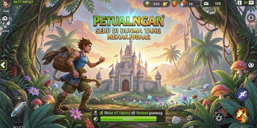 Screenshot gameplay RK77 yang menunjukkan petualangan seru di alam yang indah.