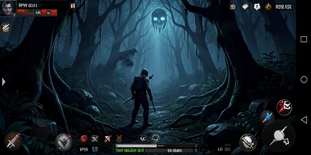 Gameplay menyeramkan di hutan gelap penuh misteri.