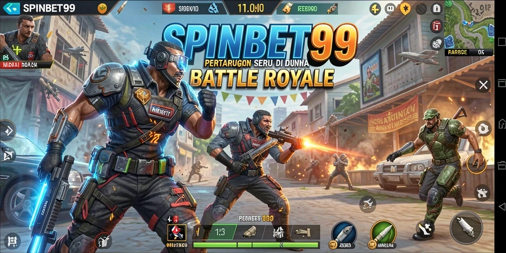 Screenshot SPINBET99 menampilkan aksi Battle Royale yang mendebarkan dengan karakter berperang di medan perang.