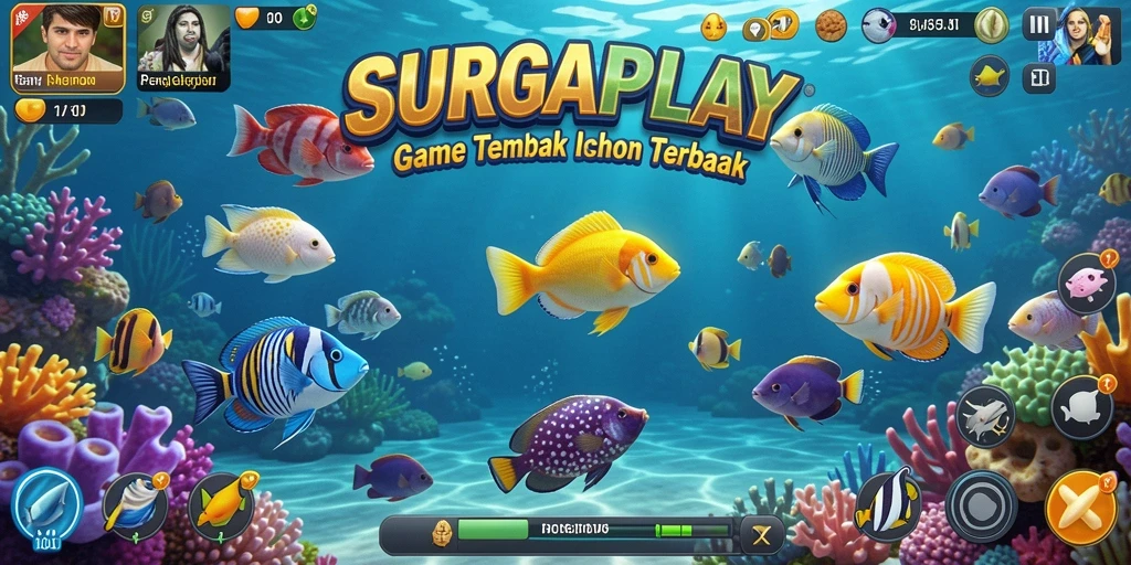 Screenshot gameplay SURGAPLAY yang menunjukkan serunya menembak ikan.