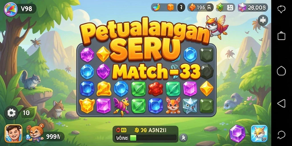 Tangkapan layar permainan V98 menunjukkan momen seru saat mencocokkan item.